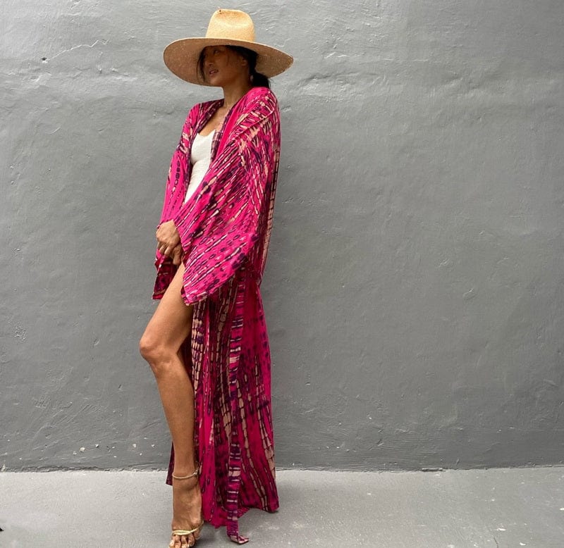 Kimono largo de playa con estampados-Laurene.es