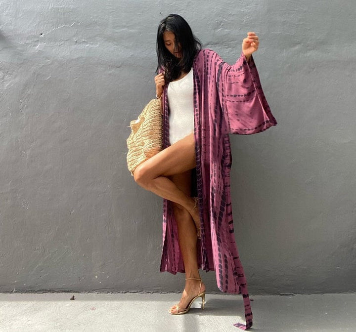 Kimono largo de playa con estampados-Laurene.es