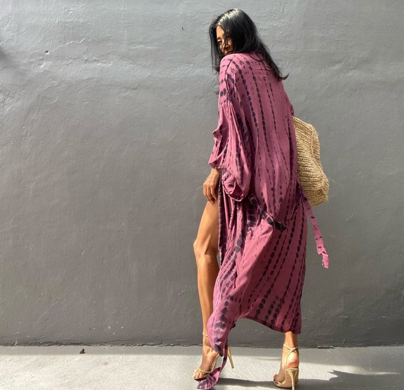 Kimono largo de playa con estampados-Laurene.es