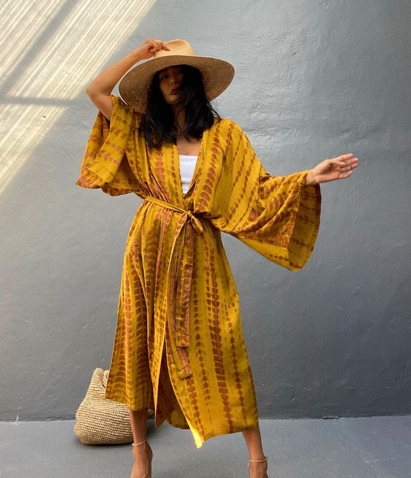 Kimono largo de playa con estampados-Laurene.es