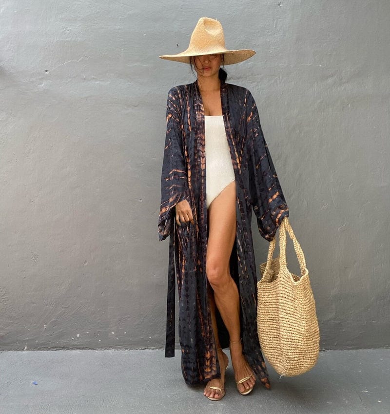 Kimono largo de playa con estampados-Laurene.es