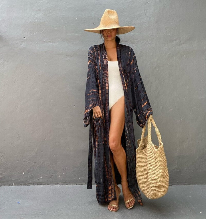 Kimono largo de playa con estampados-Laurene.es