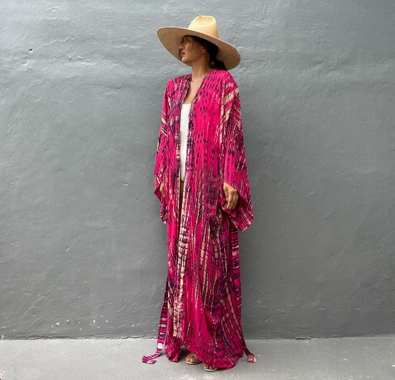 Kimono largo de playa con estampados-Laurene.es