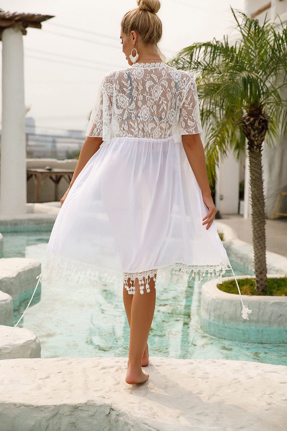 Kimono playero de encaje con flecos-Laurene.es