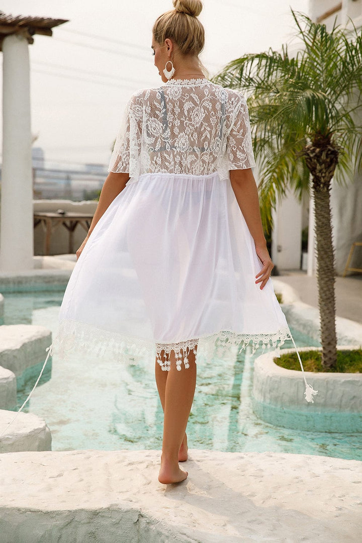 Kimono playero de encaje con flecos-Laurene.es