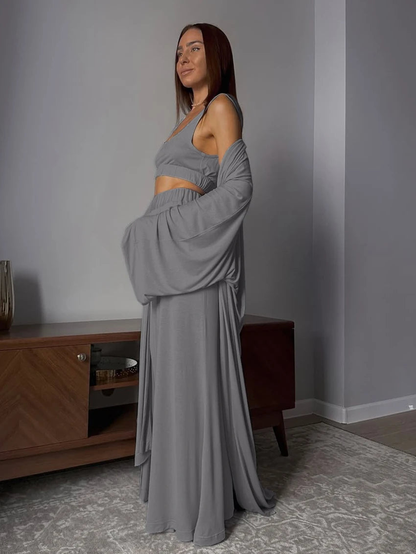 Conjunto gris de casa con kimono largo