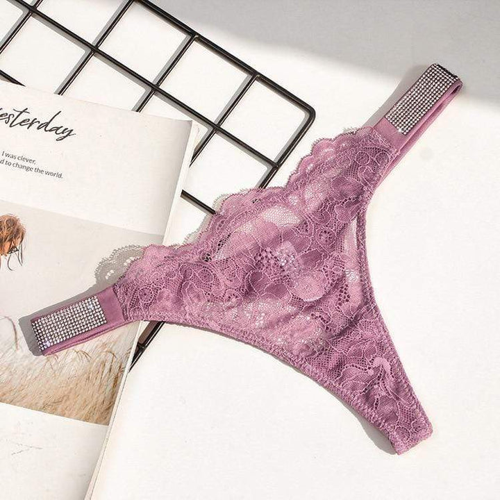 Tanga de encaje con tiras brillantes-Laurene.es