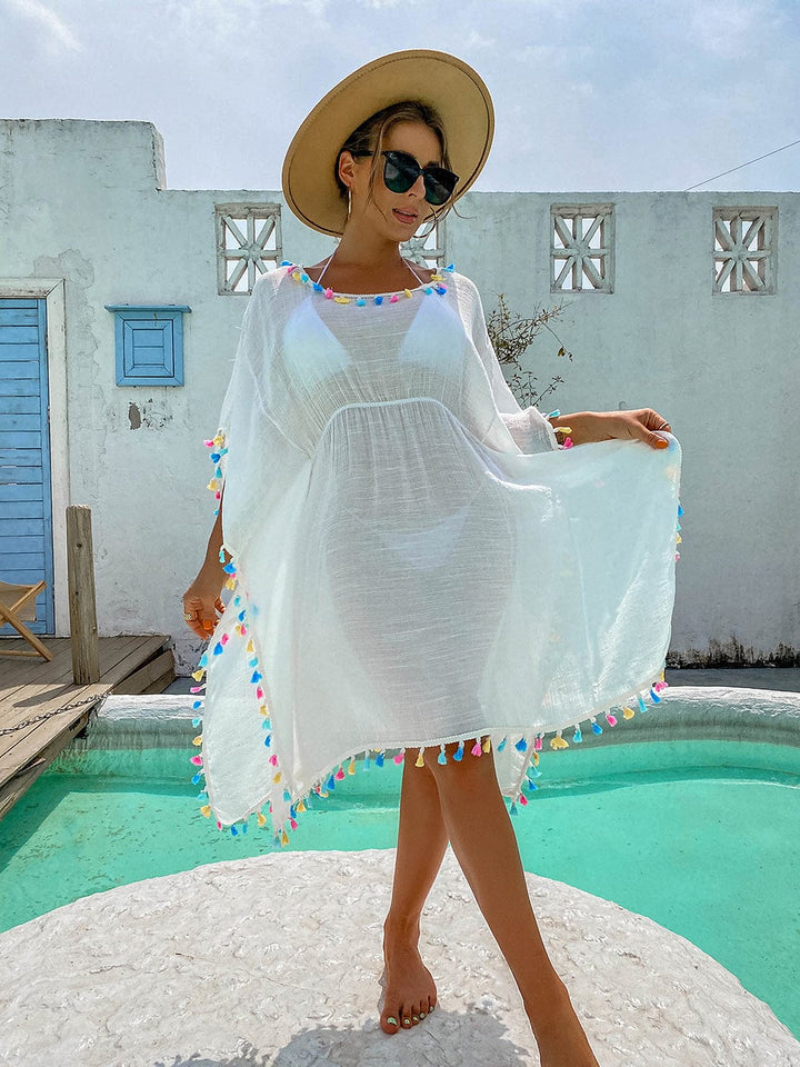 Vestido blanco de playa con flecos de multicolor-Laurene.es