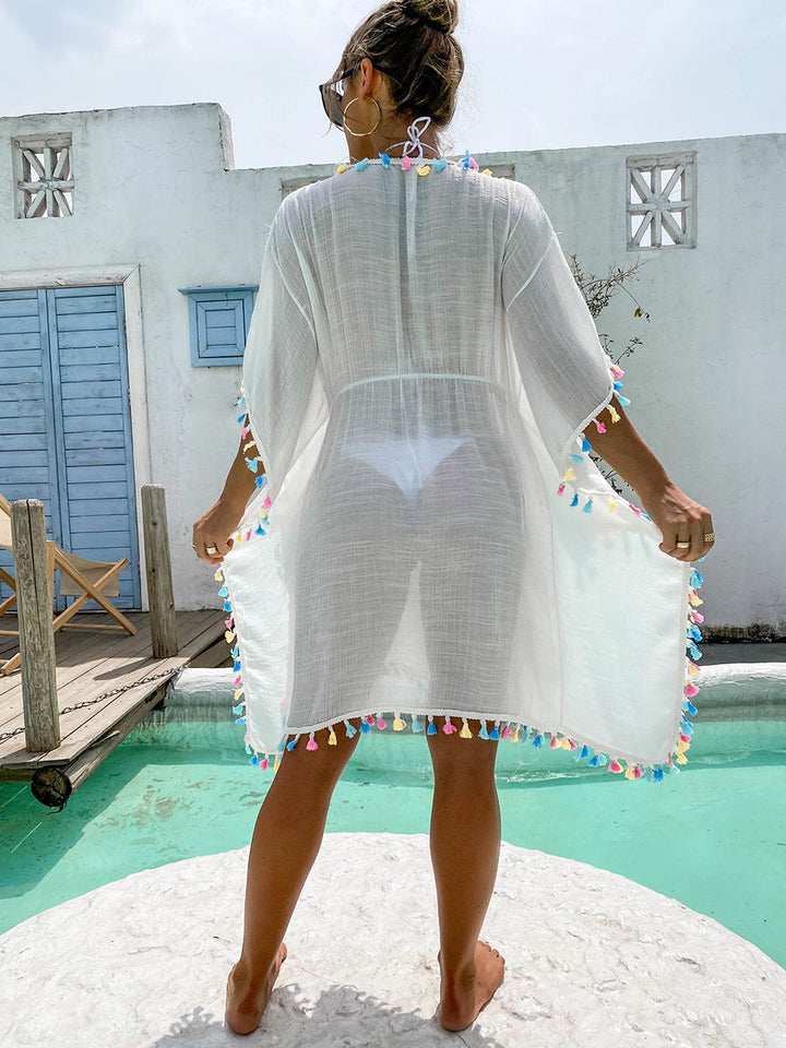 Vestido blanco de playa con flecos de multicolor-Laurene.es