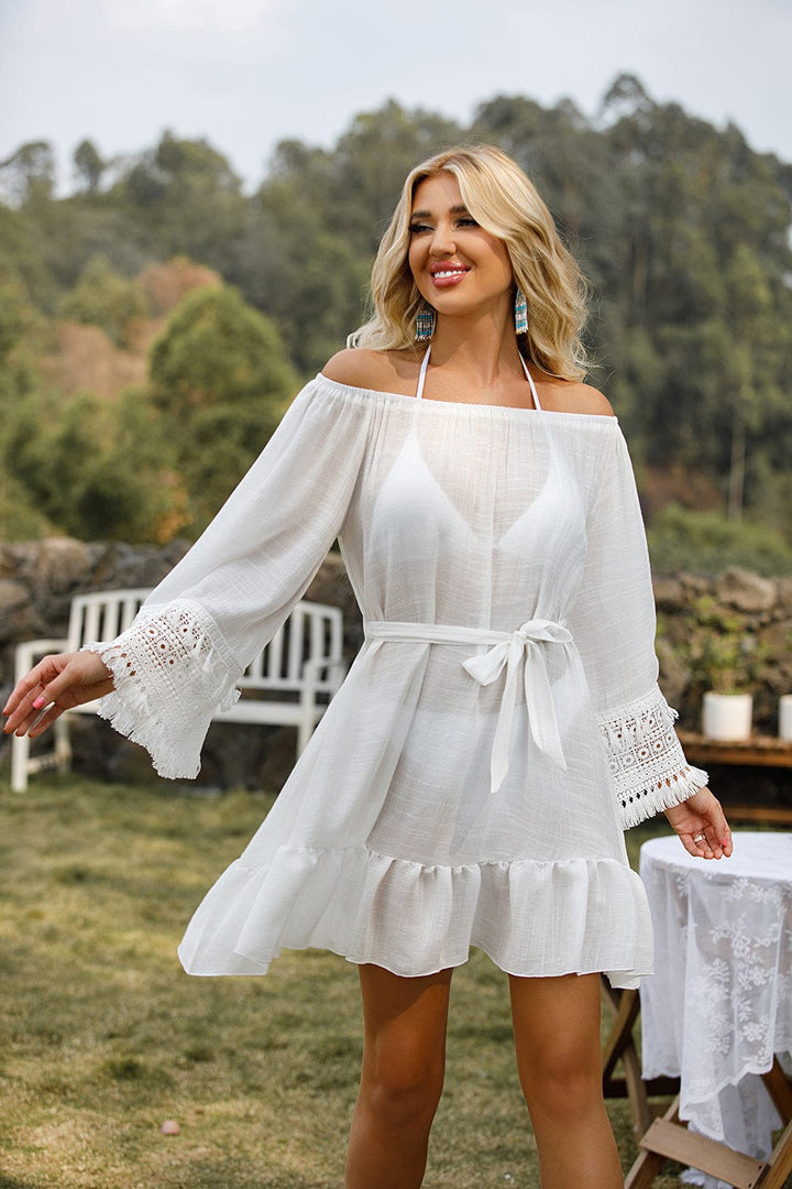 Vestido blanco de playa con mangas anchas-Laurene.es