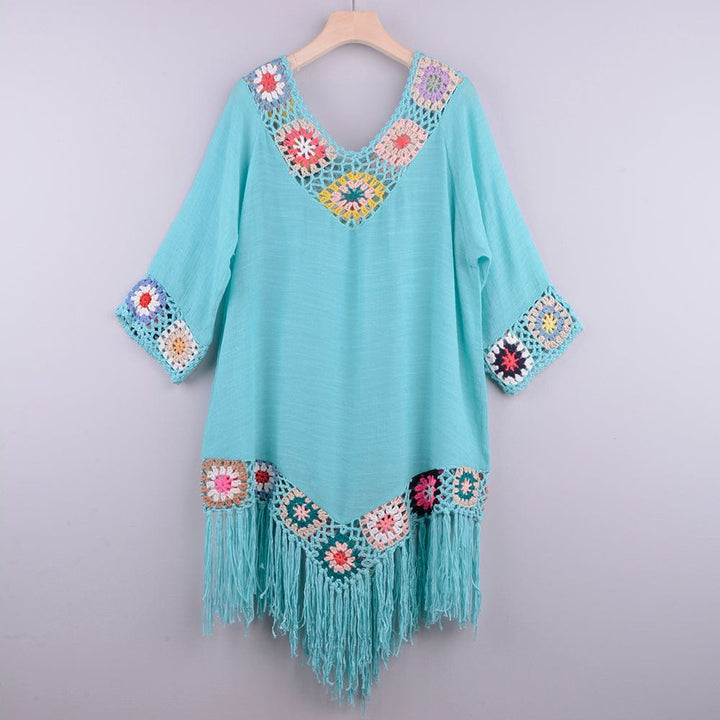 Vestido playero con bordado y flecos-Laurene.es