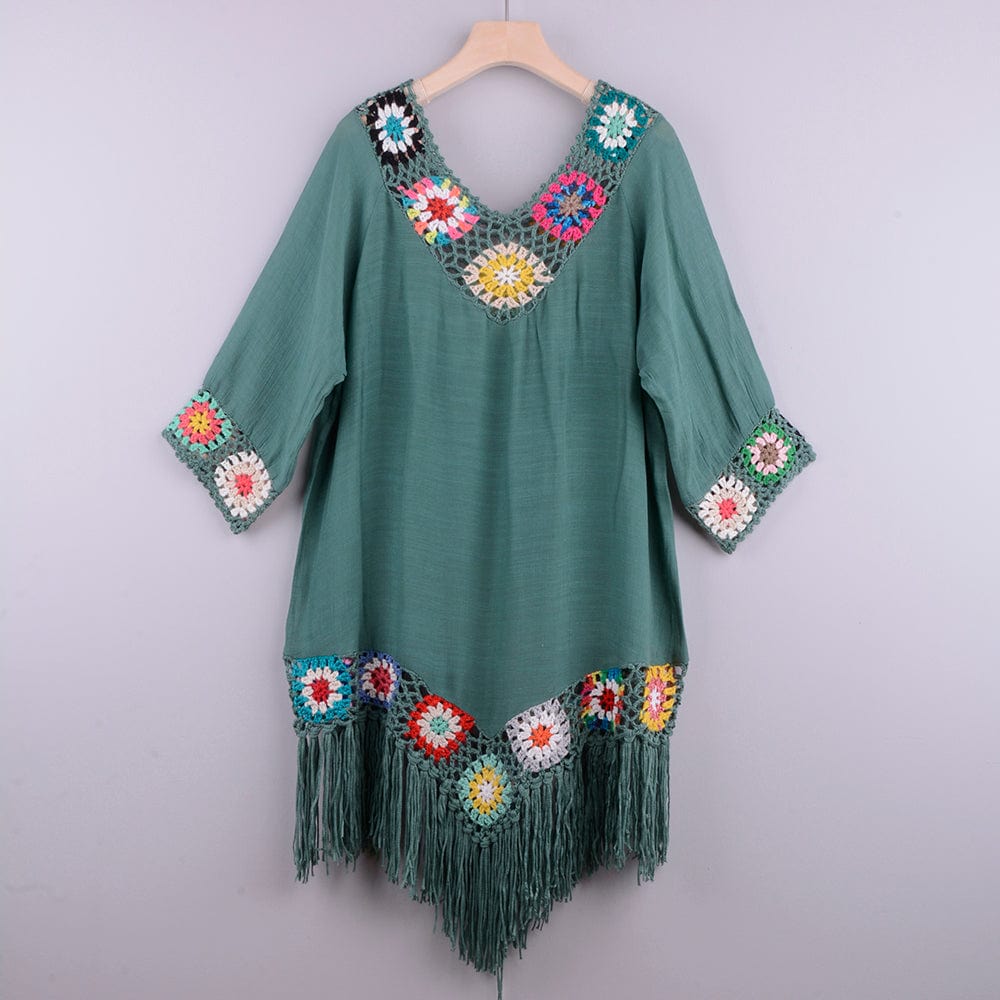 Vestido playero con bordado y flecos-Laurene.es