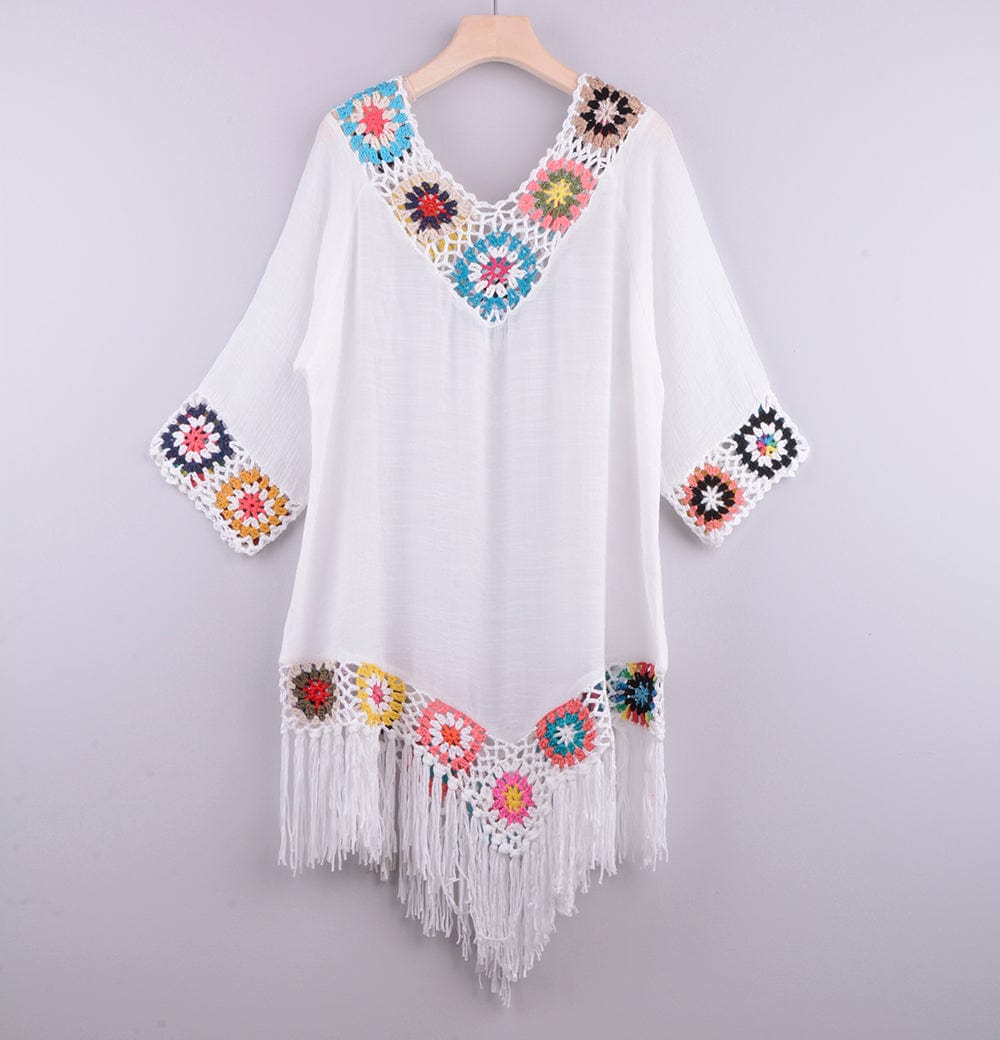Vestido playero con bordado y flecos-Laurene.es