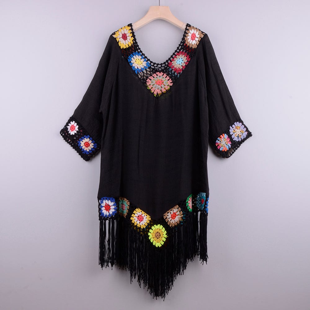 Vestido playero con bordado y flecos-Laurene.es