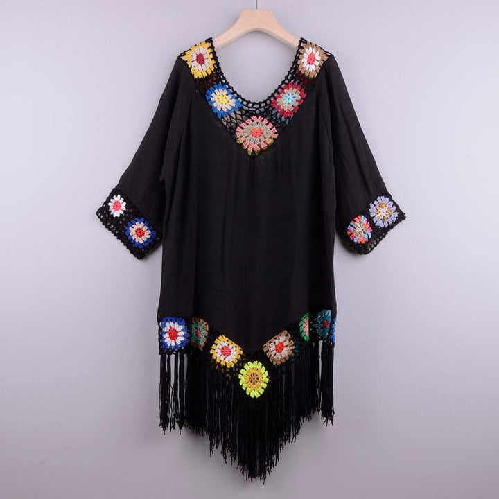 Vestido playero con bordado y flecos-Laurene.es