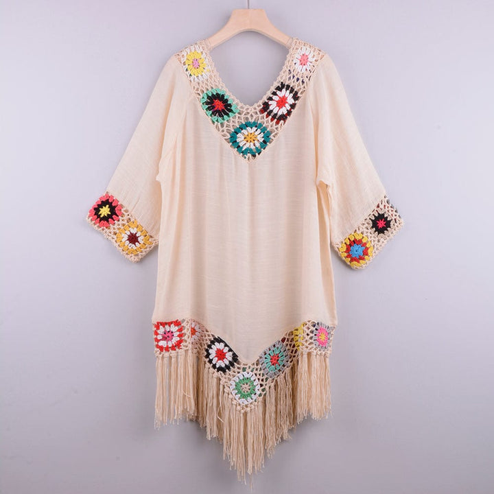 Vestido playero con bordado y flecos-Laurene.es