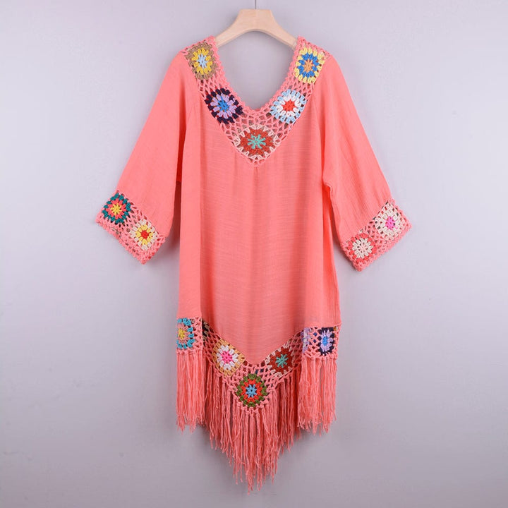 Vestido playero con bordado y flecos-Laurene.es