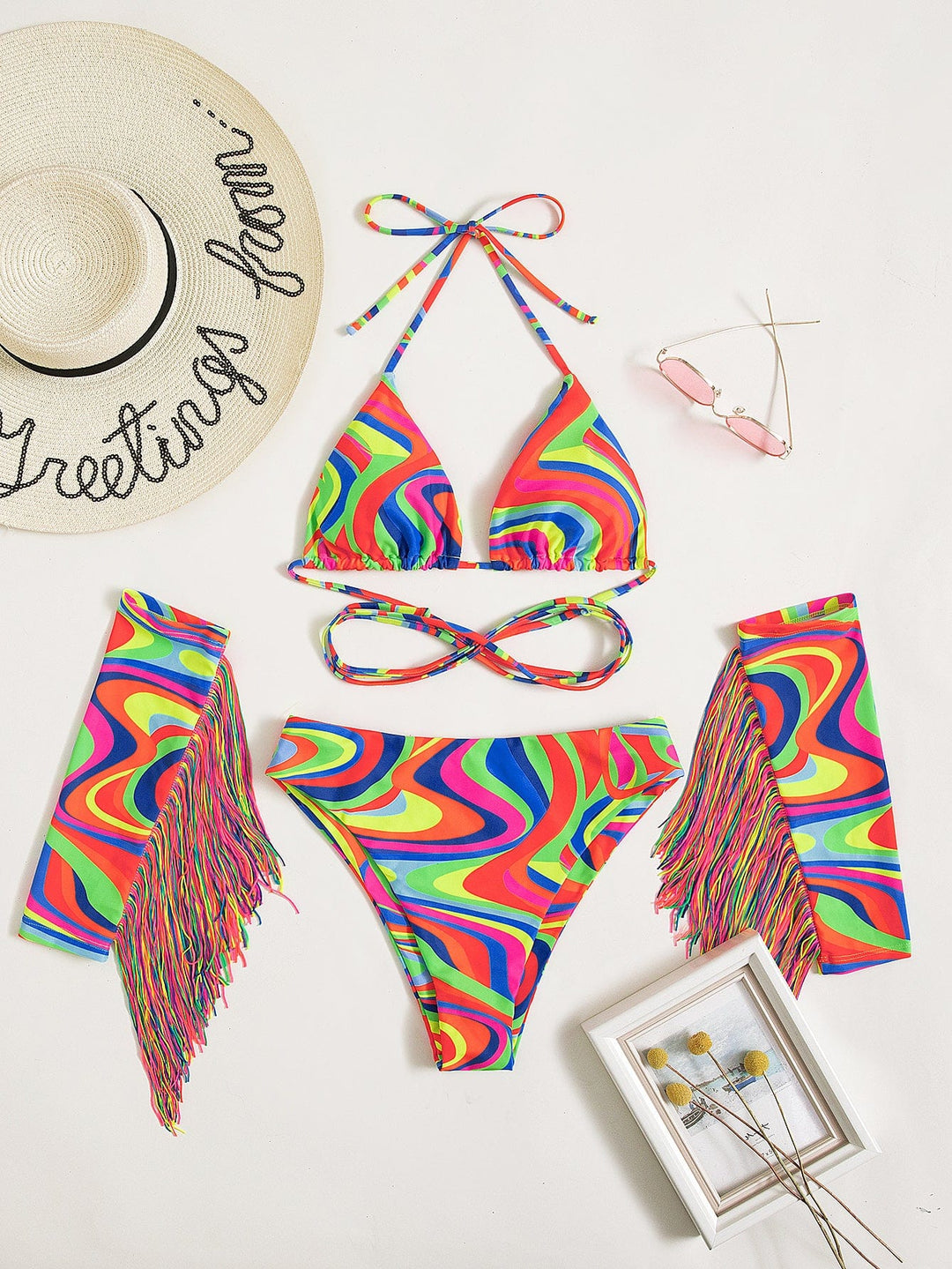 Biquini multicolor con mangas con flecos Noemi-Laurene.es