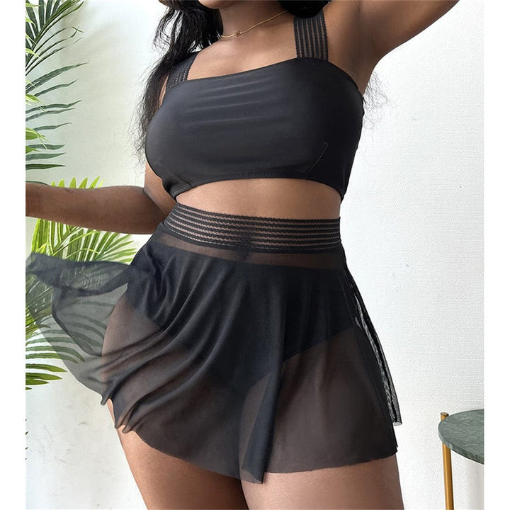 Biquini plus size negro con minifalda Rouen-Laurene.es