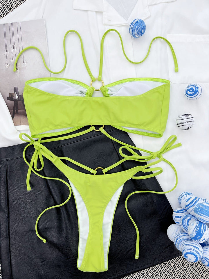 Biquini verde con lazadas fruncidas Nyla-Laurene.es