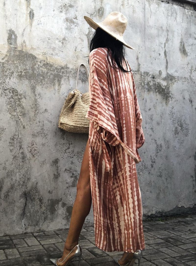 Kimono largo de playa con estampados-Laurene.es