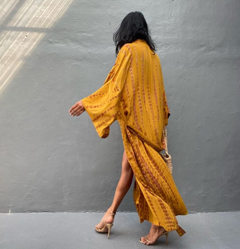 Kimono largo de playa con estampados-Laurene.es