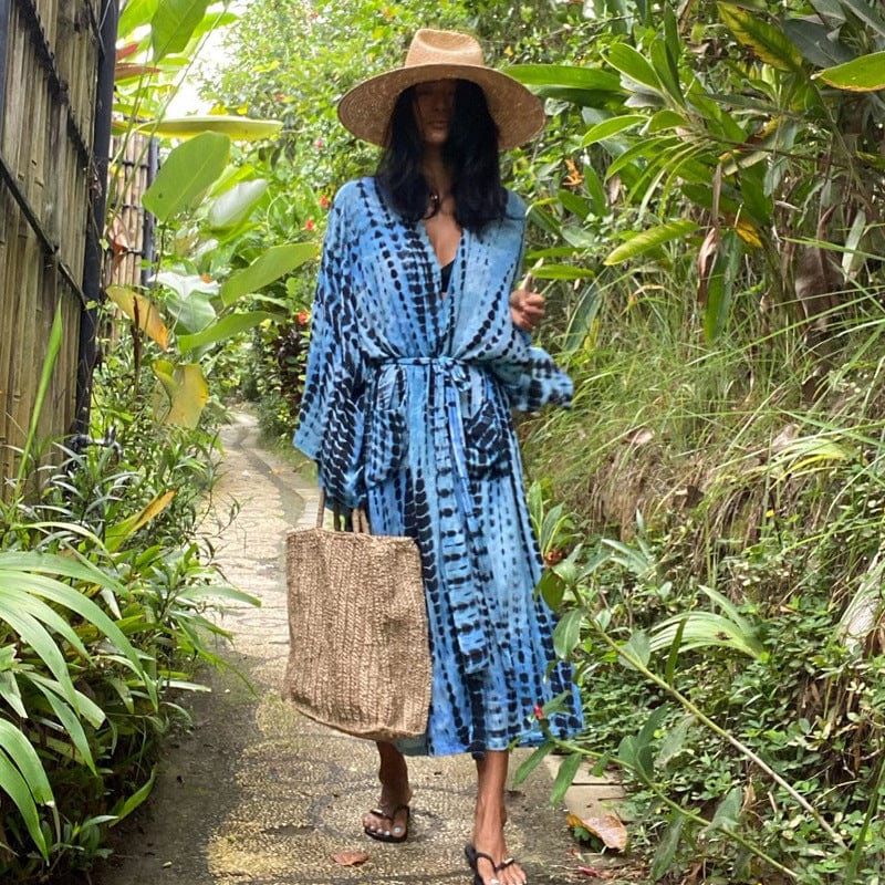 Kimono largo de playa con estampados-Laurene.es