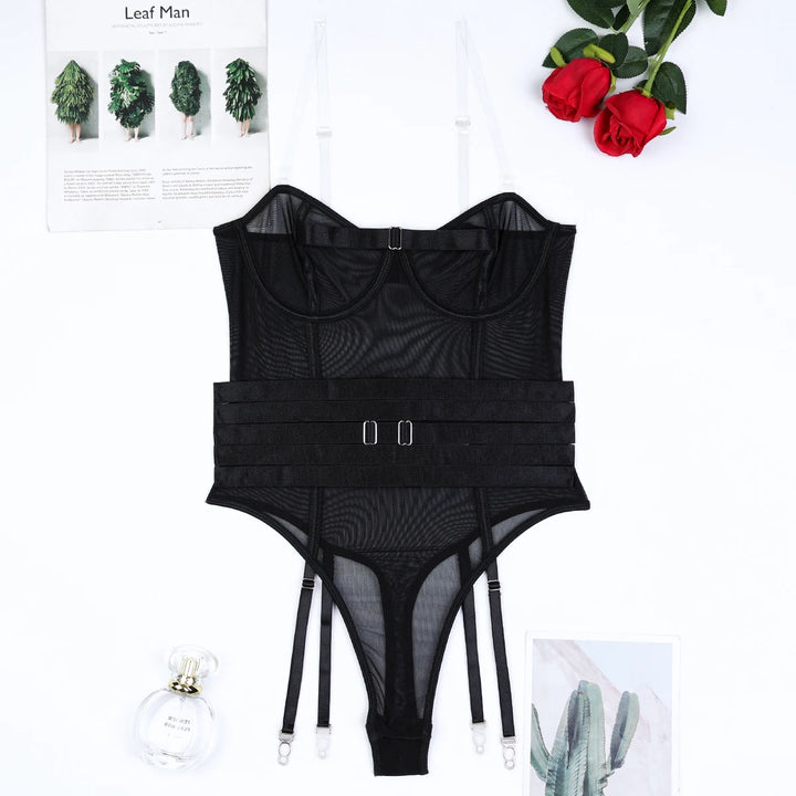 Body de malla con tirantes y tirantes transparentes