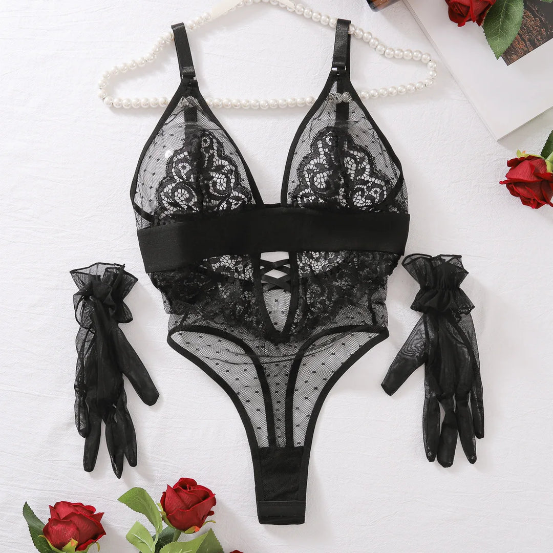 Body de malla con lunares y ribete de encaje