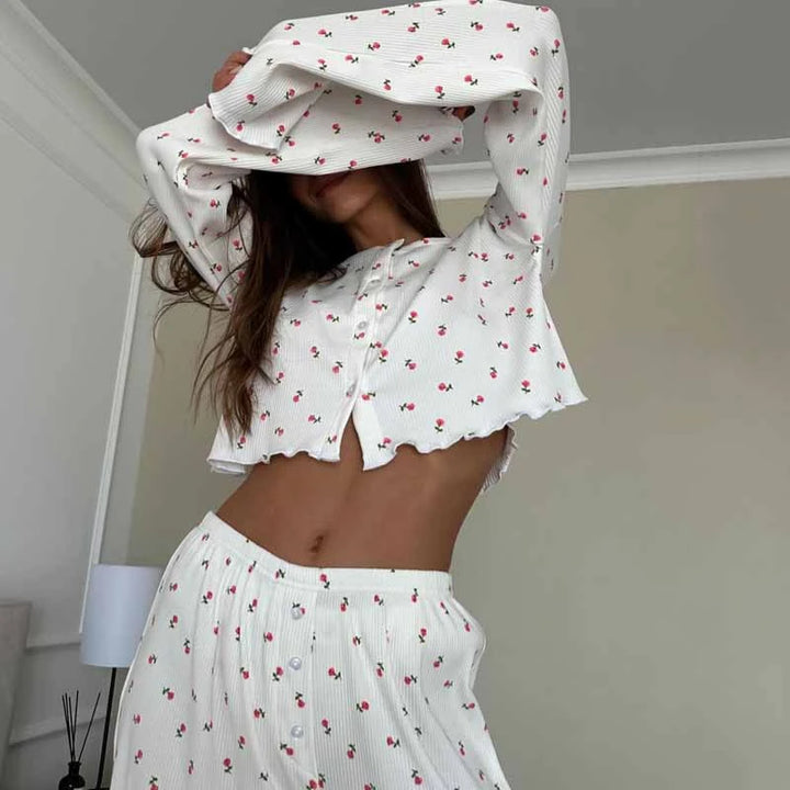 Pijama de punto acanalado con estampado floral