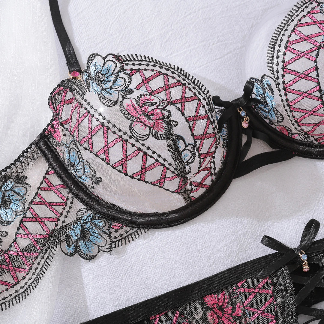 Conjunto de lencería con bordado de encaje multicolor