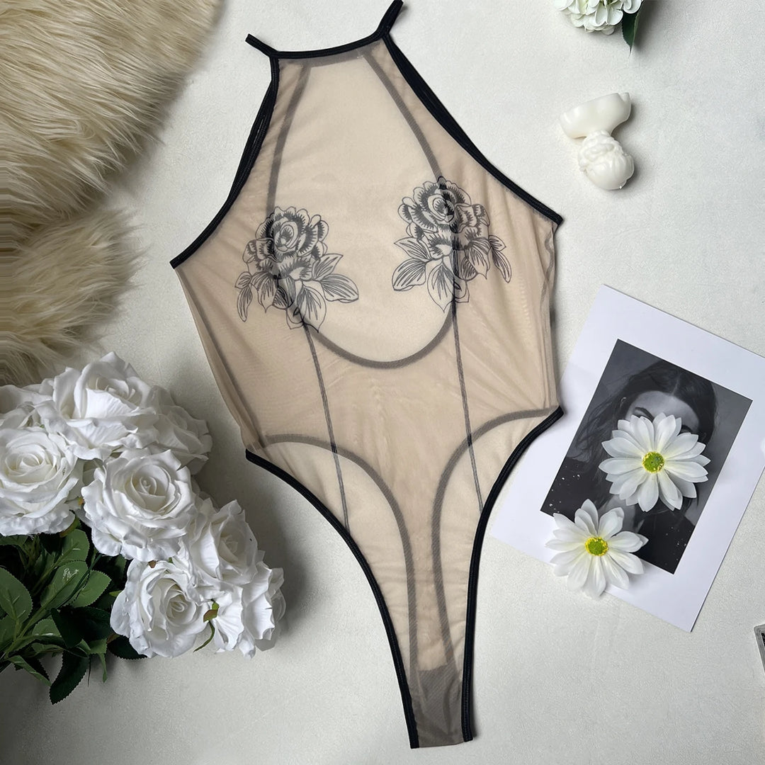 Body transparente con estampado de rosas