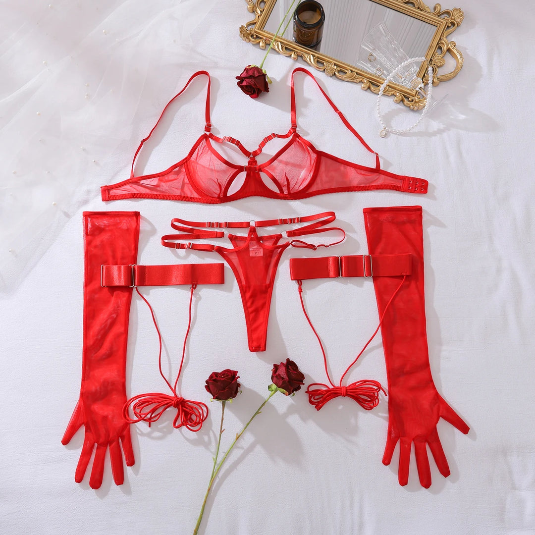 Conjunto de lencería seductivo de malla con recortes y guantes