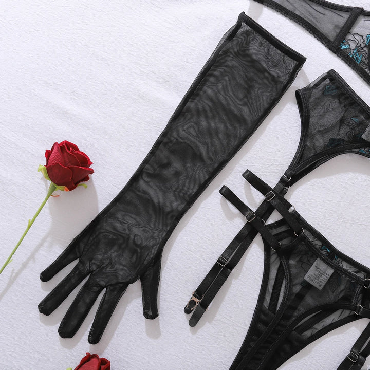 Conjunto de lencería de malla con guantes, medias y bordado de encaje azul