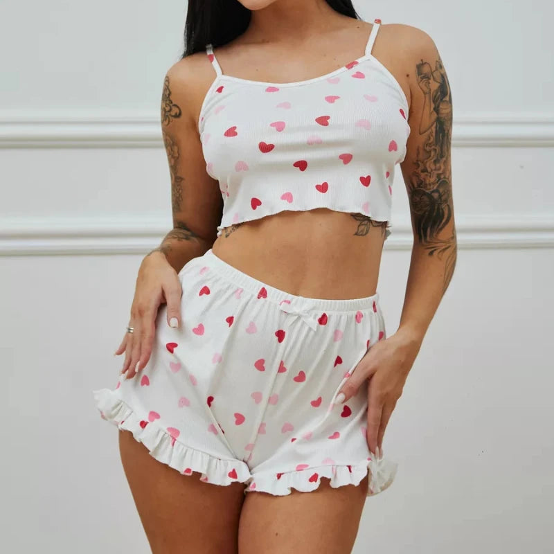 Pijama blanco con estampado de corazoncitos