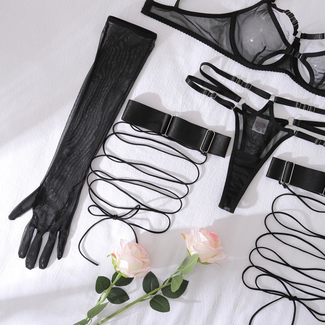 Conjunto de lencería seductivo de malla con recortes y guantes