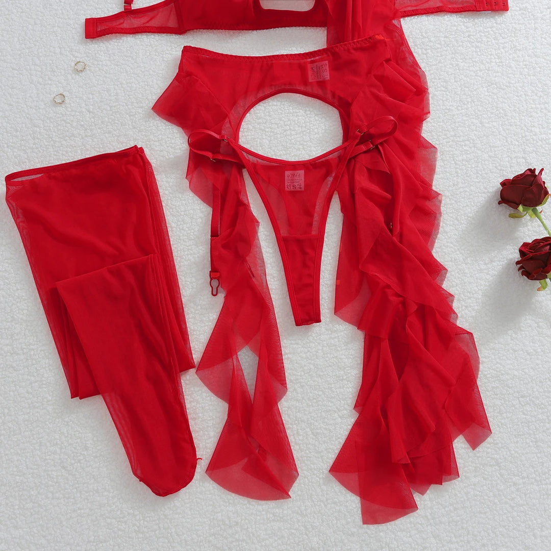 Conjunto de lencería con malla y rosa decorativa