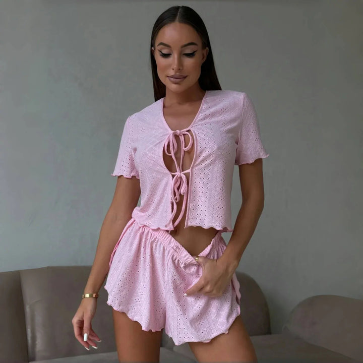 Conjunto de punto calado con top lazado