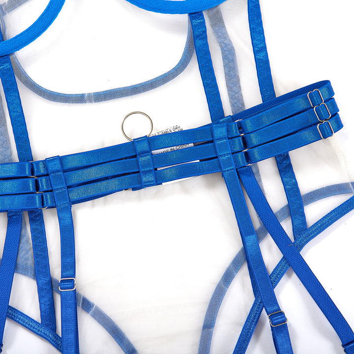 Body de malla transparente con ribete azul