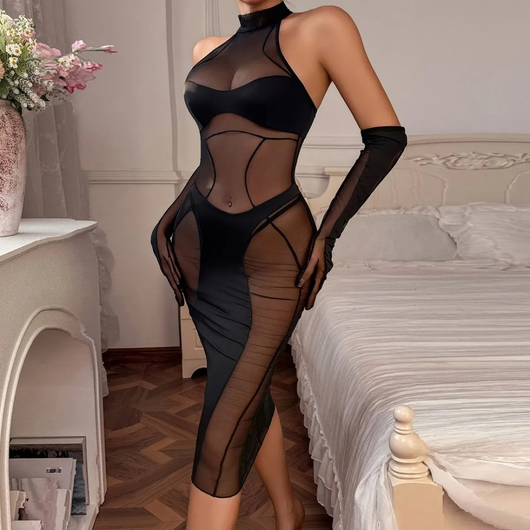 Vestido seductivo con ribete de malla