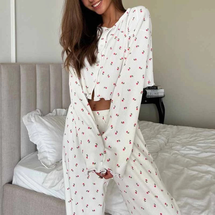 Pijama de punto acanalado con estampado floral