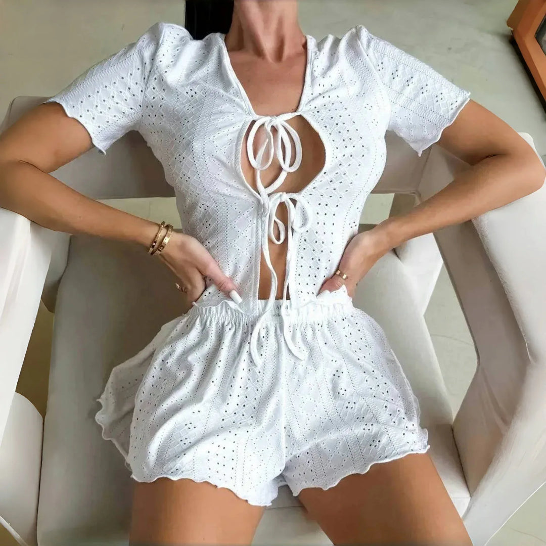 Conjunto de punto calado con top lazado
