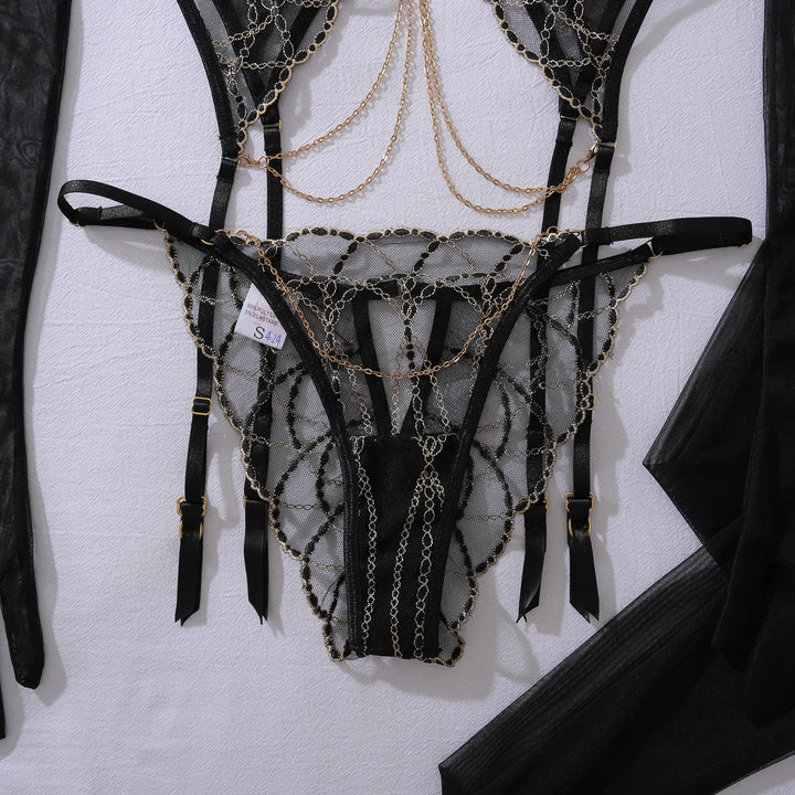 Conjunto de lencería de encaje brillante con medias y guantes