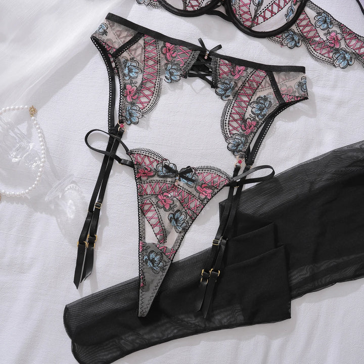 Conjunto de lencería con bordado de encaje multicolor