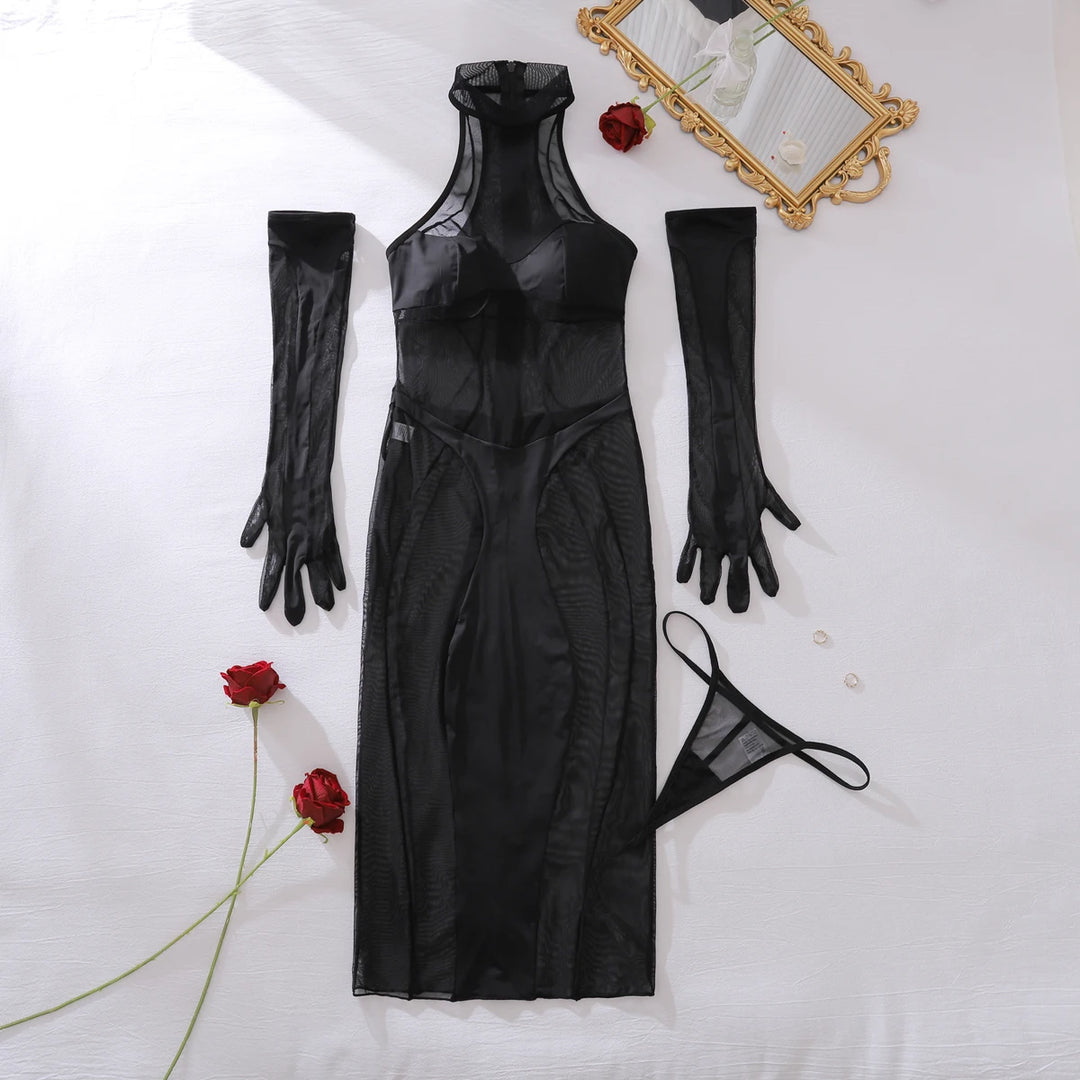 Vestido seductivo con ribete de malla