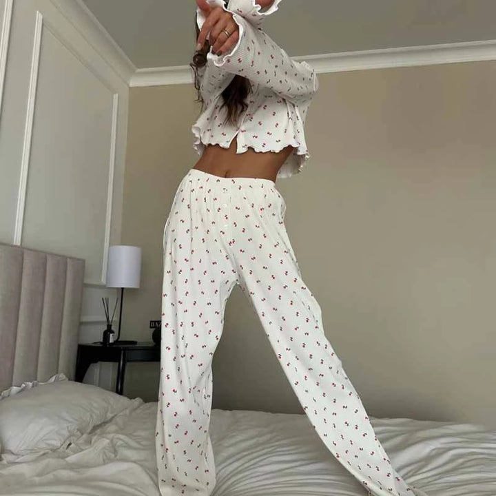 Pijama de punto acanalado con estampado floral