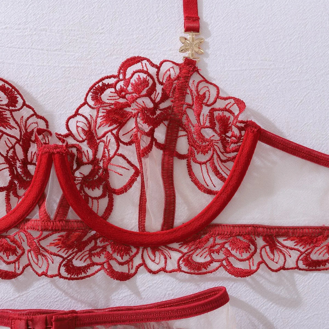 Conjunto de lencería de encaje con medias y ribete de volantes