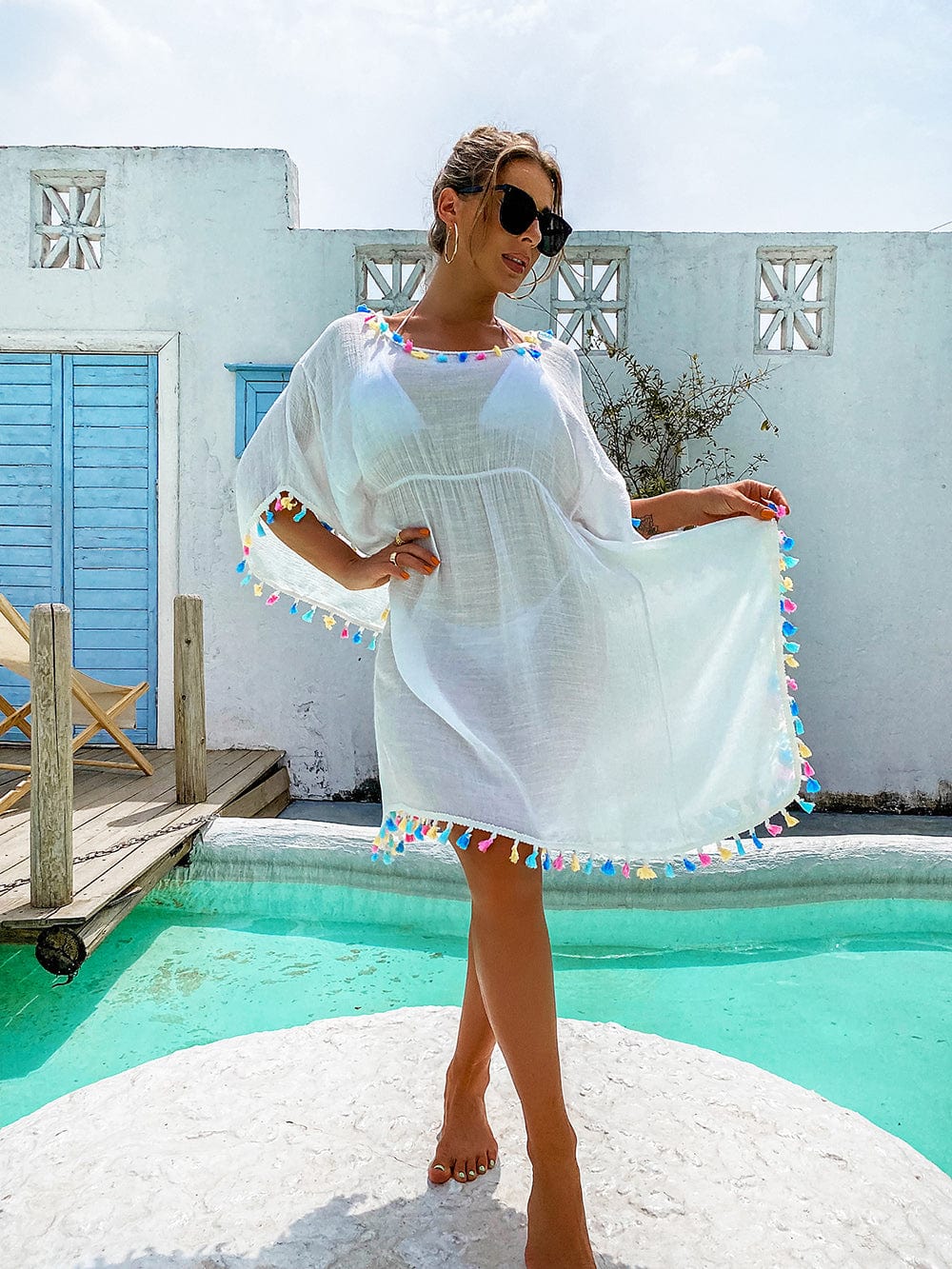 Vestido blanco de playa con flecos de multicolor-Laurene.es