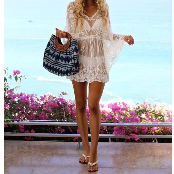 Vestido de encaje con lazada fruncida en talle-Laurene.es