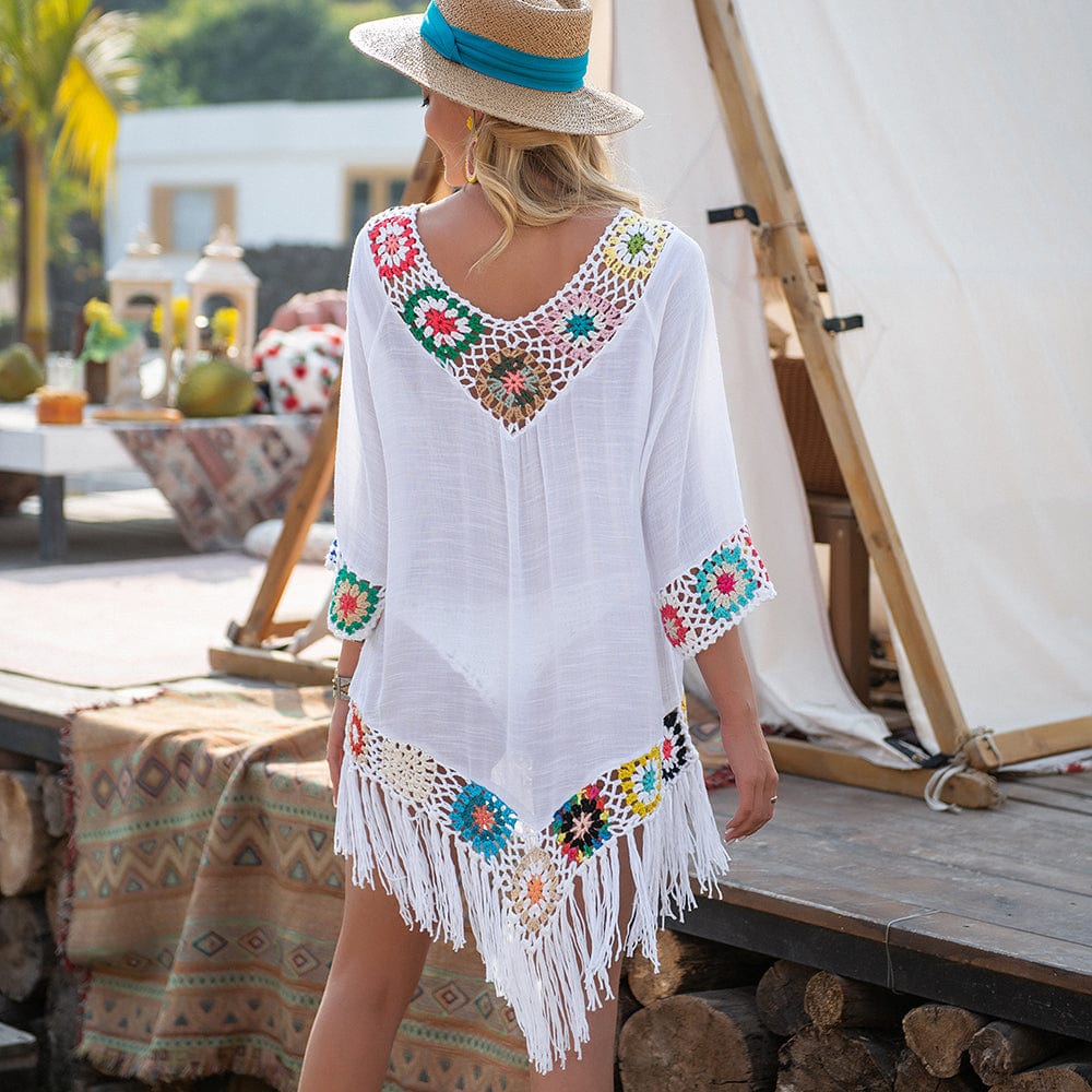 Vestido playero con bordado y flecos-Laurene.es